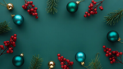 Teal background framed by Christmas ornaments and greenery.
