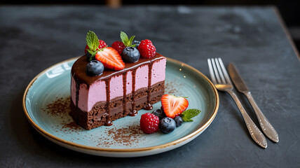 Chocolate cake slice with pink frosting and berries. Delicious dessert.
