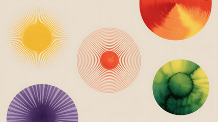 Abstract circles of color and radiating lines.
