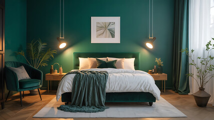 Emerald green bedroom with a cozy bed.
