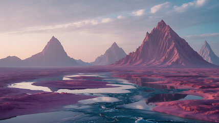 Crimson mountains, a tranquil river, a surreal landscape.
