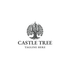 Naklejka premium Castle of tree logo vintage vector design artwork illustration