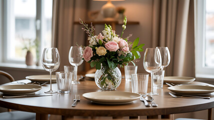 A dining table set with a bouquet of pink and white flowers.
