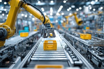 Fototapeta premium Automated production line featuring robotic arms handling yellow containers, focusing on efficiency and modern industrial manufacturing processes in the factory setting.