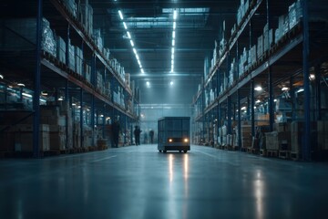 Automated guided vehicle navigating a vast, modern warehouse filled with goods, showcasing efficiency and technological advancements in supply chain management.