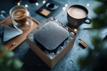 Elegant set featuring a textured black cube in a box, paired with coffee beverages, evoking a sense of modern luxury and curated lifestyle aesthetics.