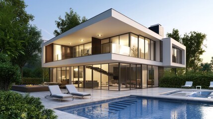 Fototapeta premium A modern, minimalist house with a pool and patio area, featuring large glass windows and a sleek, geometric design.