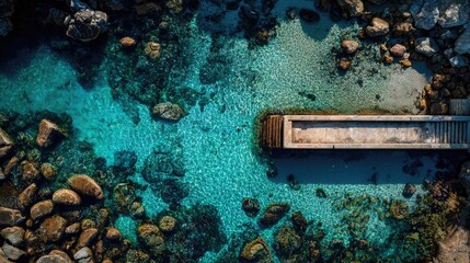 Coastal pier in turquoise water, aerial view