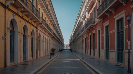 Fototapeta premium Empty street between colorful buildings. A quiet, deserted urban alley. 