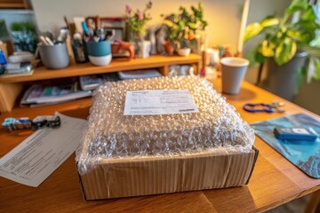 A close-up of a cardboard box wrapped in bubble wrap, sitting on a wooden desk, surrounded by various office and home items. The box is ready for shipping or delivery.
