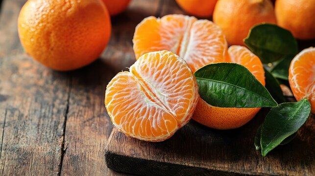 Fresh mandarin oranges on a rustic wooden table.