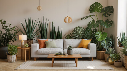 Cozy living room filled with plants and a light gray sofa.
