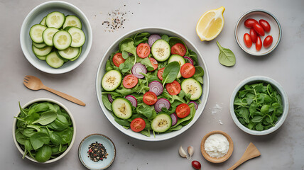 Fresh salad ingredients, ready to be assembled.
