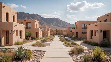 A row of beige buildings, walkways, and desert landscaping.
