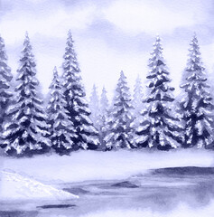 Fototapeta premium Watercolor landscape. Fir trees in a winter forest