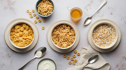 Three bowls of different breakfast cereals. Healthy morning food.
