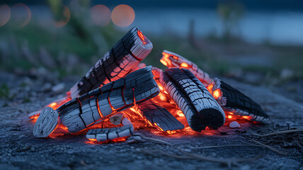 Burning embers glow orange and white.
