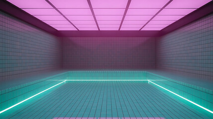 Empty room, vibrant pink and teal, futuristic design.
