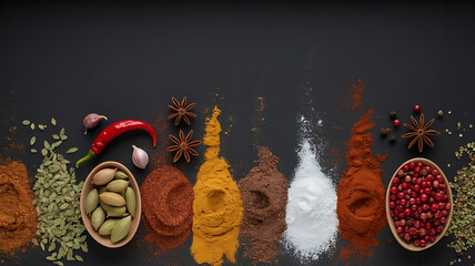 Variety of spices, colorful and aromatic.
