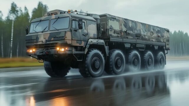 A military truck drives through heavy rain on a wet road in a remote forest, demonstrating its off road capabilities and rugged design