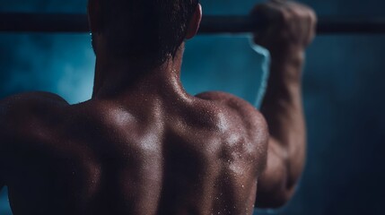 Intense upper body training on a pull up bar with sharp focus