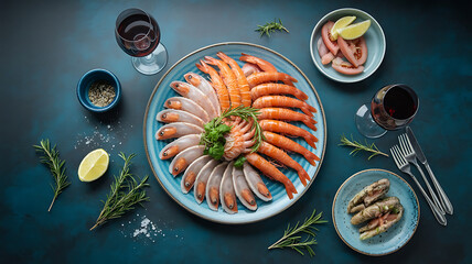 Seafood platter with shrimp and scallops, garnished with herbs.
