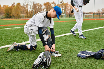 Teenage boys engage in baseball practice on a vibrant green field