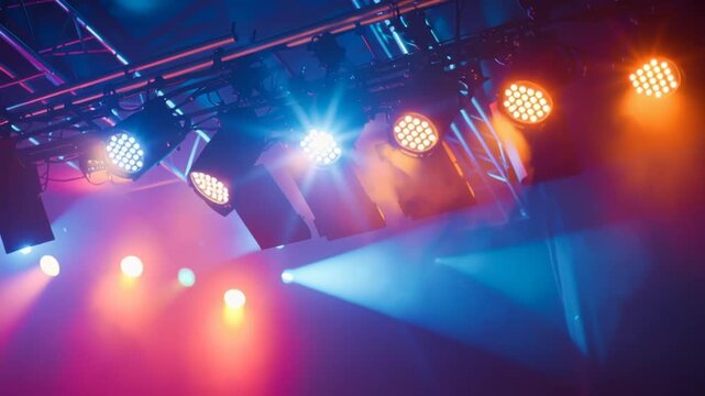 Stage lighting with spotlights being installed on aluminum concert stage	
