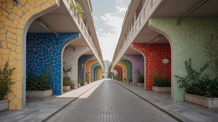 Colorful arched buildings line a paved walkway. Vibrant hues create a unique urban scene.
