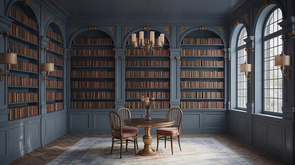 Elegant library with antique bookshelves and a small, cozy seating area.
