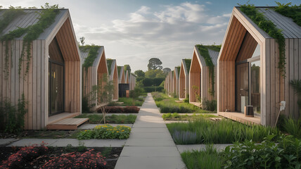 Row of light-wood tiny houses with green gardens.
