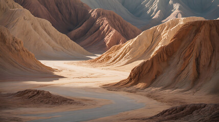 Colorful, winding canyon, sun-drenched desert landscape.
