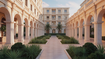 Elegant courtyard with arches, columns, and lush greenery.
