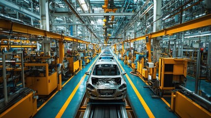 Automobiles on a production line in a factory.