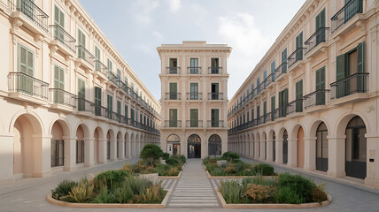 Elegant courtyard with beige buildings and a central garden.
