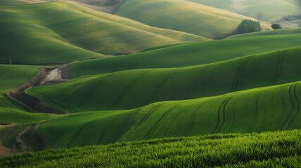 Rolling green hills, soft light, tranquil landscape.
