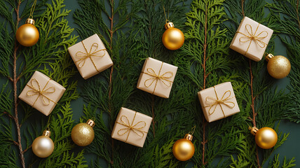 Small beige gift boxes with gold ribbon, nestled among green branches and gold ornaments.
