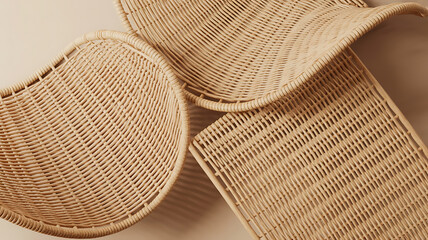 Three woven wicker chairs, organic shapes, light beige color.
