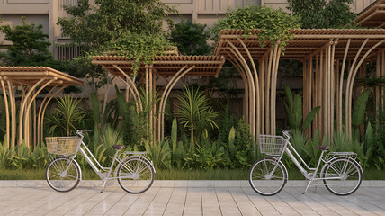 Bamboo pergola shelters bicycles in lush green garden.
