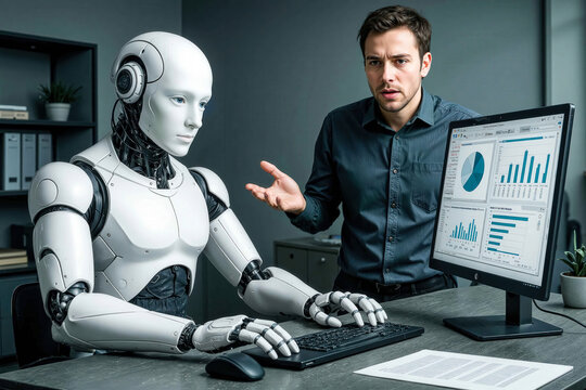 Robot replaces humans in analytical work. Ideal for tech articles, AI job automation reports, business blogs, and innovation presentations.