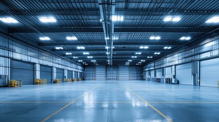 A large, empty industrial warehouse with high ceilings and large, open spaces.