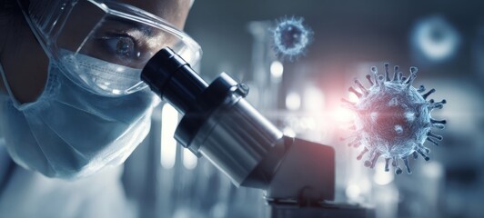 The scientist examining a virus through a microscope in a laboratory setting.