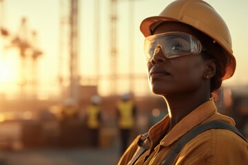 Middle-aged Black female cementer organizes tools at construction site during sunset
