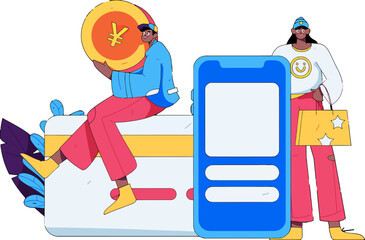 Cartoon characters showcasing online banking and shopping with mobile app and credit card, depicting financial transactions and digital currency, promoting modern e-commerce solutions for secure payme
