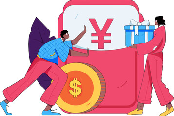 Dynamic duo boosting global economy with currency exchange and gifts, symbolizing international business success and strategic financial partnerships for a bright future, promoting prosperity