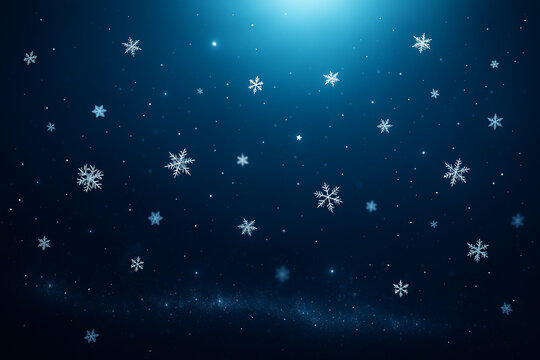 Magical falling snowflakes on a dark blue background with light rays - Powered by Adobe