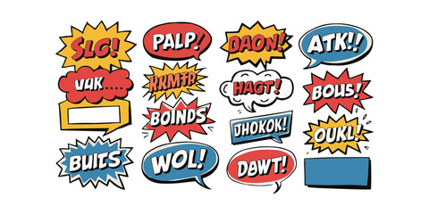 Naklejka premium A collection of comic style speech bubbles with various words and exclamations on a white background