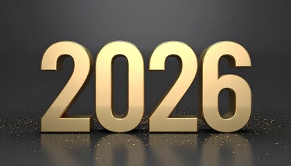 Elegant 3D golden 2026 text with black gray background and glitter, a festive concept New Year celebration