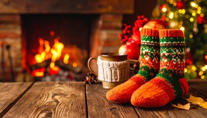 Wool socks with hot beverage in front of fireplace, a cozy concept winter holiday atmosphere