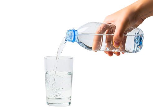 Hand pouring clear water from plastic bottle into glass isolated on transparent background